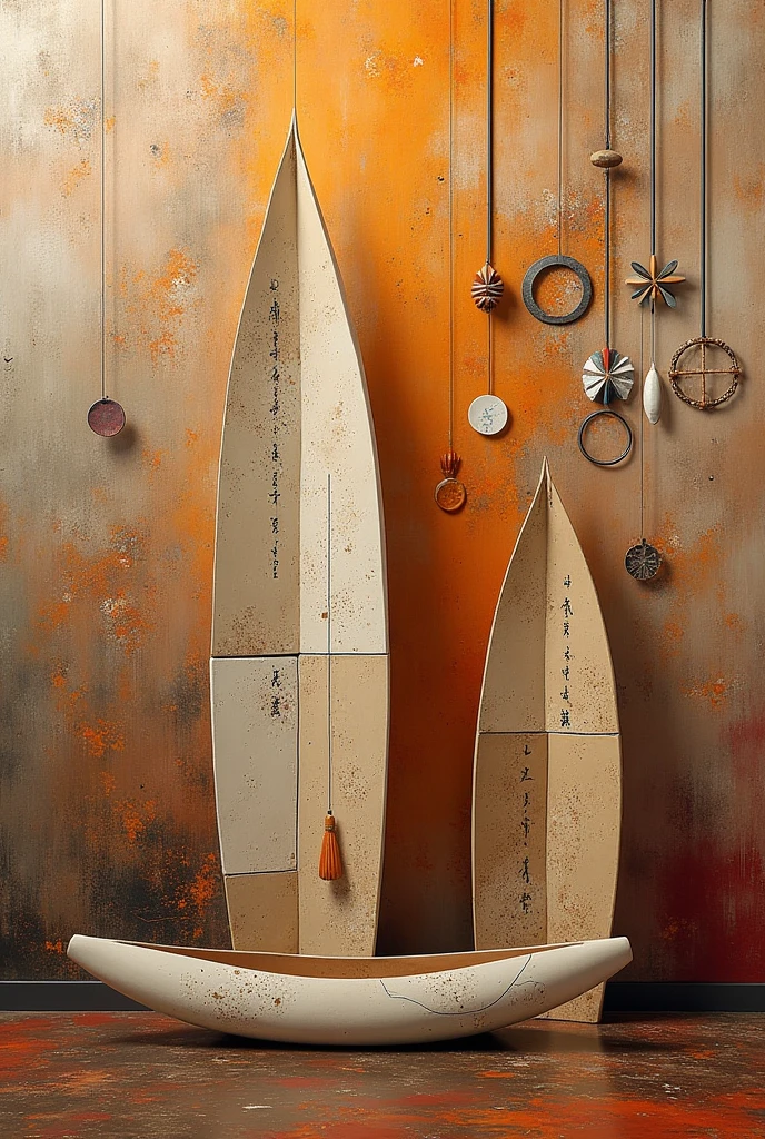 Describe: This 3D mixed-media artwork showcases a fusion of Japanese and Nordic aesthetics. Key features include:
1. Canoe-like panels:
- Made of stone and ceramic
- Elongated, dome-like shapes
- Organic inscriptions and speckled textures
- Colors: sand, camel, and cream
2. Suspended metal mobiles:
- Asymmetrical design with wide arms
- Adorned with mirror-like pieces, seashells, and abalone
- Incorporates Sami cultural symbols
3. Artistic techniques:
- Oil painting with crackled effects
- Glossy embossed textures
4. Lighting:
- Warm tangerine and burgundy hues
- Abstract light patterns creating a luminous effect
The artwork harmoniously blends traditional craftsmanship with contemporary expression, resulting in an eclectic and visually striking exhibition piece.