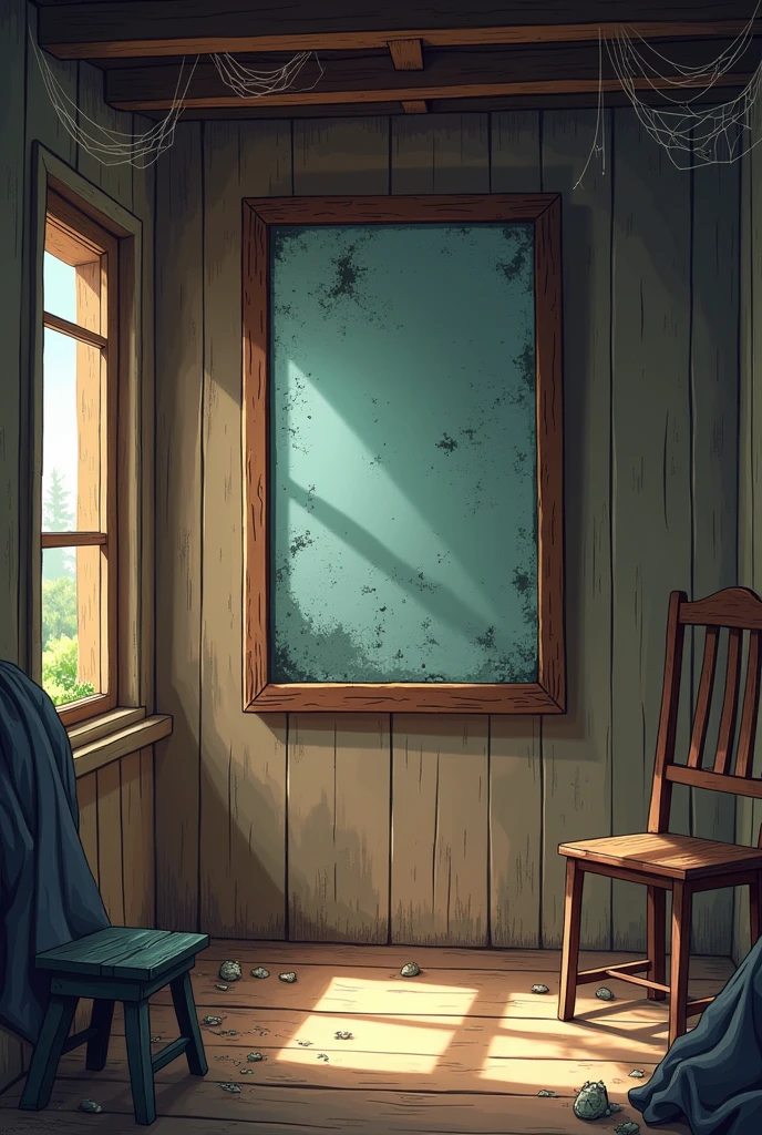 **Interior of Hut**: The inside of the hut is empty except for an old, dusty mirror hanging on the wall, with cobwebs and broken furniture scattered around.in cartoon