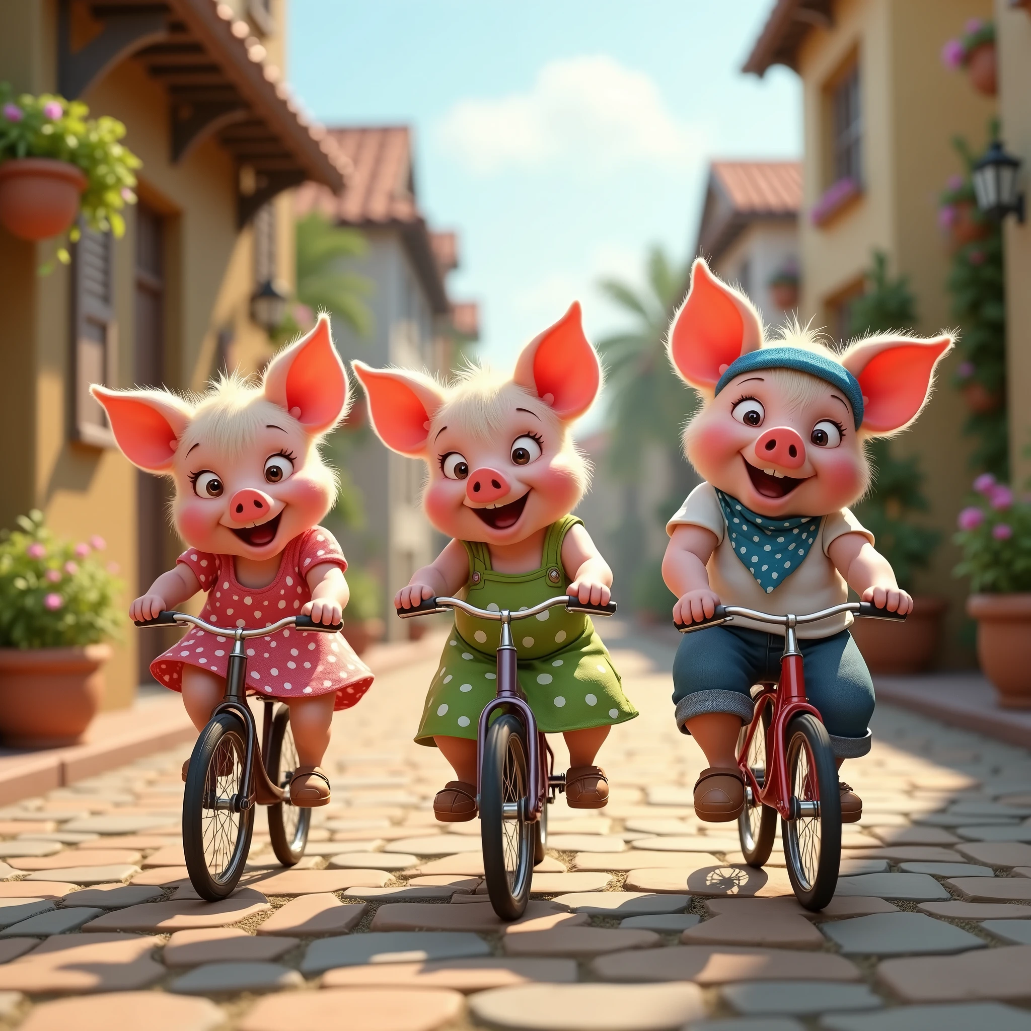 pixar style, 3d, 3 piglets wearing dresses riding bicycles on cobblestone road in village, one piglet is wearing pink dress with white flowers, other piglet is wearing green dress with white polka dots, one piglet is wearing white t-shirt blue jeans and a blue bandana, game button art, Game illustration, lovely digital painting, artstation for kids art, Official artwork, key art, mobile game art, cover game art, zootopia concept art, (soft lighting:1.3), (green and earthy color scheme:1.3), (highly detailed), (ultra quality:1.3), (masterpiece), (digital art), 8K resolution, HDR, depth of field, (soft shadows), (photorealistic:1.3), (animation:1.2), (by Greg Rutkowski:0.9), (in the style of Alphonse Mucha), trending on ArtStation, award-winning art, 3d style
