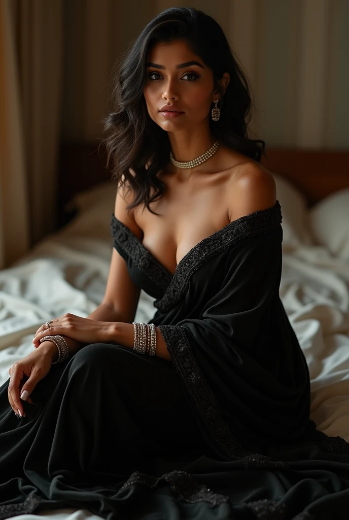 (photorealism:1.2), beautiful indian woman, sitting on bed, wearing off-shoulder black saree