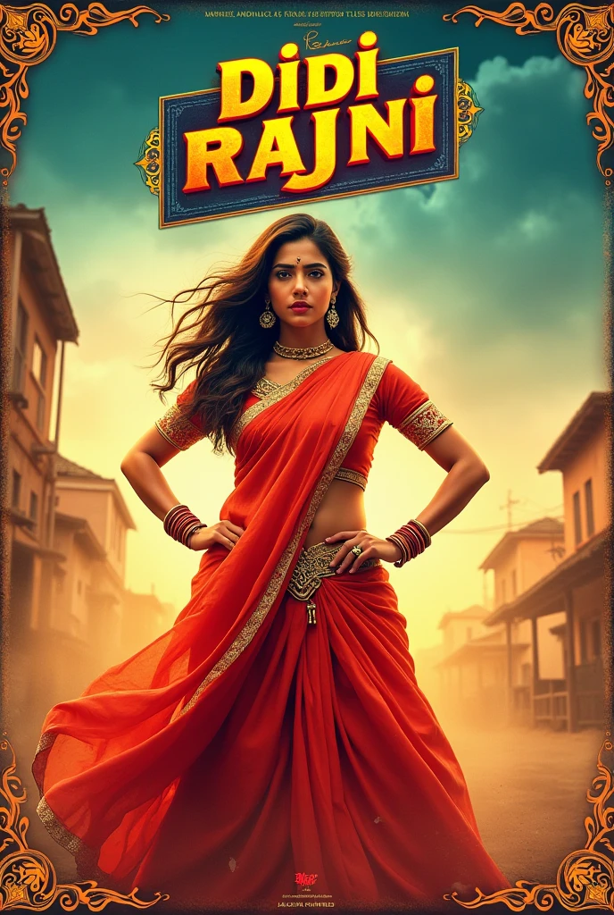 "Design a vibrant, action-packed movie poster featuring a bold female protagonist inspired by classic South Indian cinema. The character, dressed in traditional attire with a modern twist, strikes a powerful pose in the center, exuding strength and charisma. The background showcases a mix of urban and rural settings with dramatic lighting, vibrant colors, and dynamic elements like flying dust or sparks. Include stylized text in bold, bright fonts with the movie title 'Didi Rajni' at the top and tagline beneath, surrounded by intricate, ornamental designs typical of vintage Indian film posters."