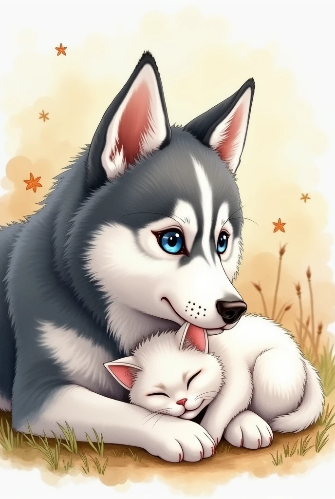 husky dog and white fur cat watercolor looking close to each other or having interaction like the cat sleeping but they're not standing on their feet