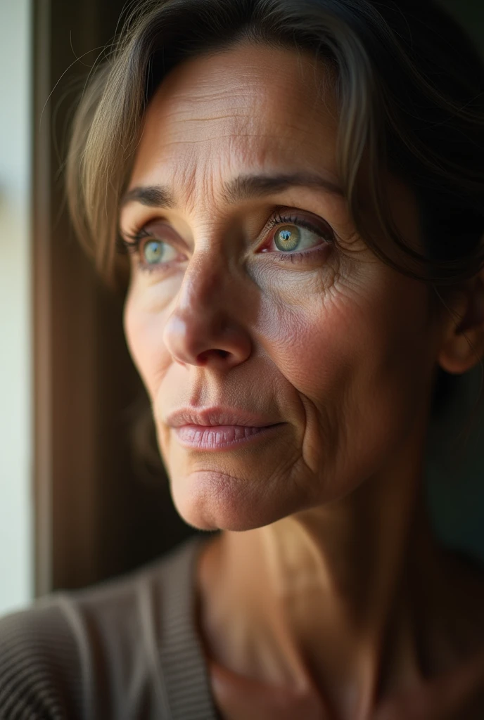 A close-up portrait of a middle-aged woman with a thoughtful expression, shot with a Canon EOS R5 camera using a 50mm f/1.2 lens. The image should be highly detailed, capturing every wrinkle and pore. Soft, natural lighting from a window on her left side, with a shallow depth of field to blur the background.