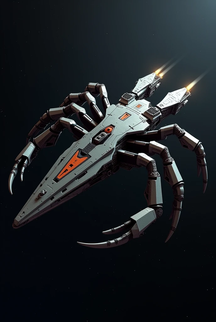 A space fighter with a scorpion-like shape, its pincers replaced with weapons. 