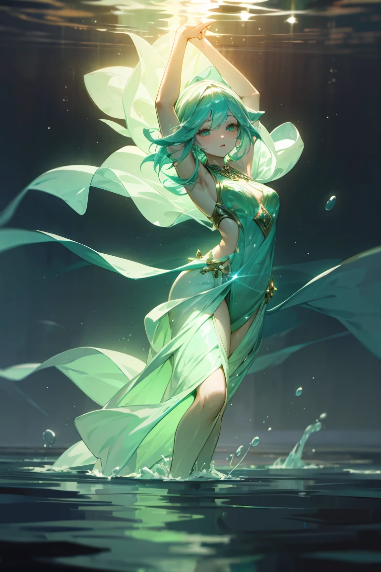 Design a DnD woman with a body partially made of flowing water, her form shimmering with ethereal light. She wears green clothes that blend with nature, standing gracefully on the shore, surrounded by soft glowing lights that dance around her aquatic figure.