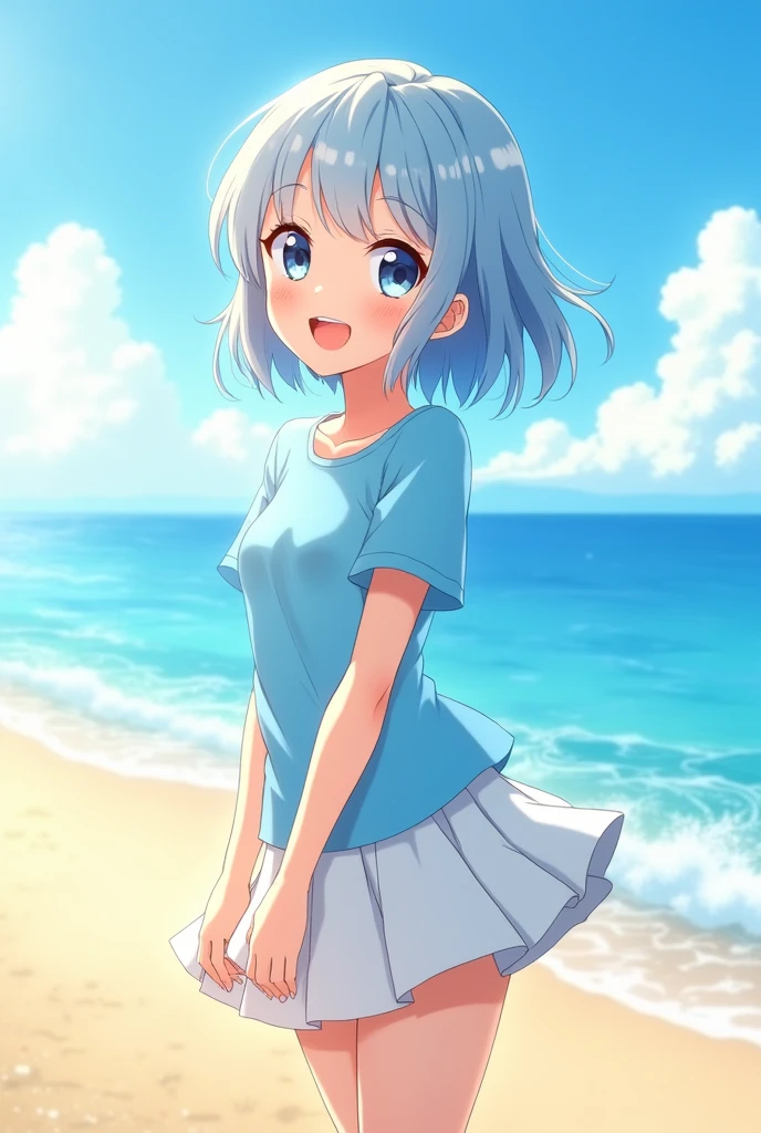 Cute Anime Girl With Cheerful Face Light Blue And White Hair, Wearing Sky Blue Short Sleeve Shirt And White Skirt With Beach Background In The Morning