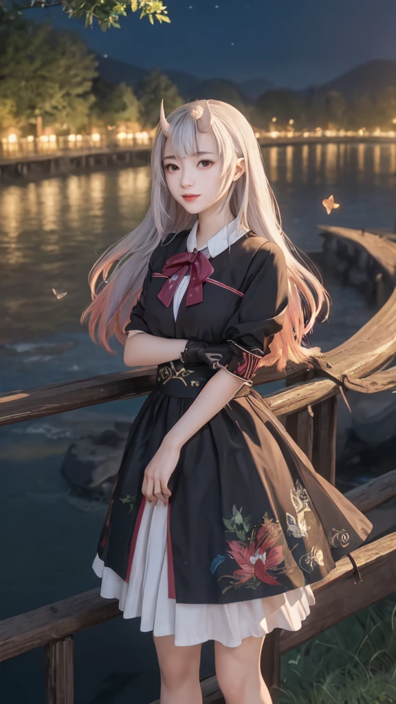 The original, (masterpiece), (illustration), (Extremely beautiful), (Perfect details), (Unity CG 8K wallpaper:1.05), (Beautiful clear background:1.25), (Depth of Field:0.7),1 Girl,Huanxiaoyi , (Standing by the river:1.15).(Hair blowing in the wind:1.1),Butterflies flying around, (moonlight:0.6), Tree, (summer), (night:1.2), (close up:0.35), (Gloves:0.8), Solitary ,