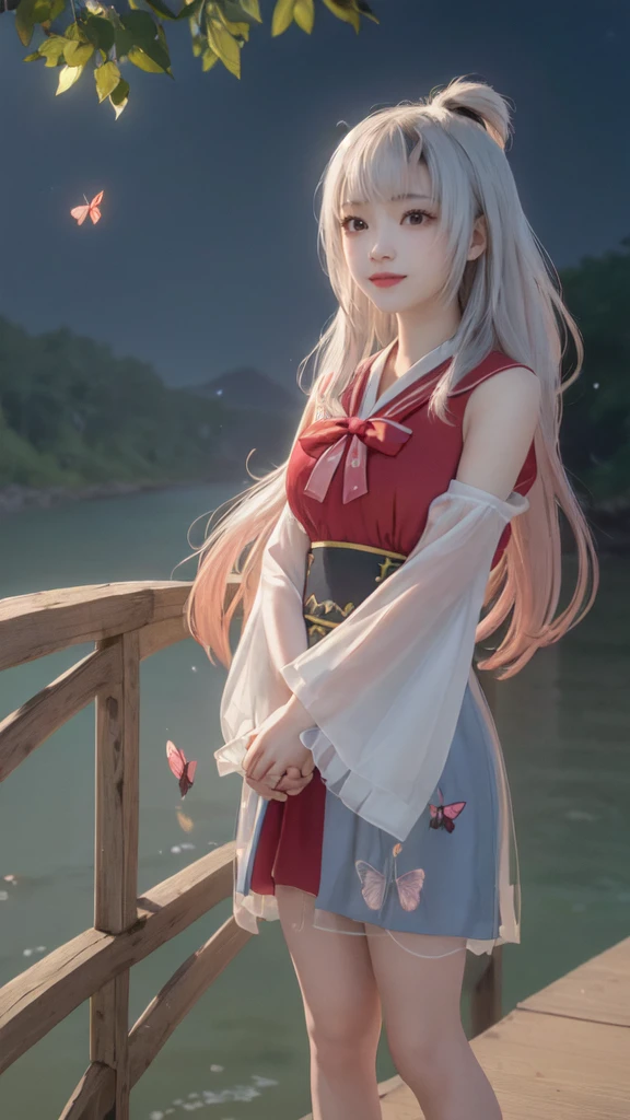 The original, (masterpiece), (illustration), (Extremely beautiful), (Perfect details), (Unity CG 8K wallpaper:1.05), (Beautiful clear background:1.25), (Depth of Field:0.7),1 Girl,Huanxiaoyi , (Standing by the river:1.15).(Hair blowing in the wind:1.1),Butterflies flying around, (moonlight:0.6), Tree, (summer), (night:1.2), (close up:0.35), (Gloves:0.8), Solitary ,