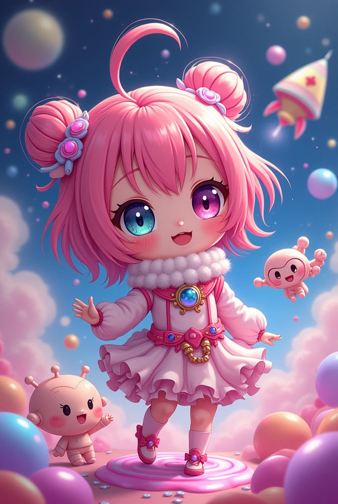 Momoko Sakura colorful style, The most beautiful girl of all time, (((chibi))), (((Spaceship))), Cute Aliens, All in one, Tiny nuclei that shine in fantastical rainbow colors,and a completely melted jelly fusion, Very transparent material, High viscosity, Elasticity due to surface tension, Holographic sparkling reflections, Create an engaging impression on your audience