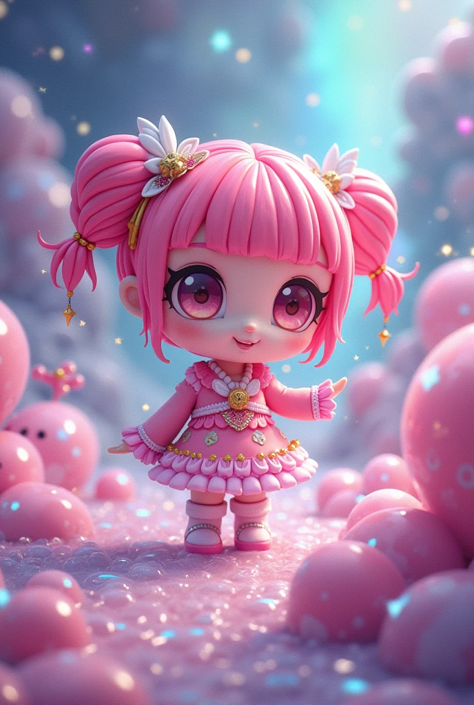 Momoko Sakura colorful style, The most beautiful girl of all time, (((chibi))), (((Spaceship))), Cute Aliens, All in one, Tiny nuclei that shine in fantastical rainbow colors,and a completely melted jelly fusion, Very transparent material, High viscosity, Elasticity due to surface tension, Holographic sparkling reflections, Create an engaging impression on your audience
