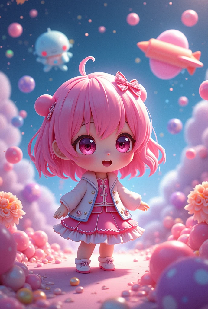 Momoko Sakura colorful style, The most beautiful girl of all time, (((chibi))), (((Spaceship))), Cute Aliens, All in one, Tiny nuclei that shine in fantastical rainbow colors,and a completely melted jelly fusion, Very transparent material, High viscosity, Elasticity due to surface tension, Holographic sparkling reflections, Create an engaging impression on your audience