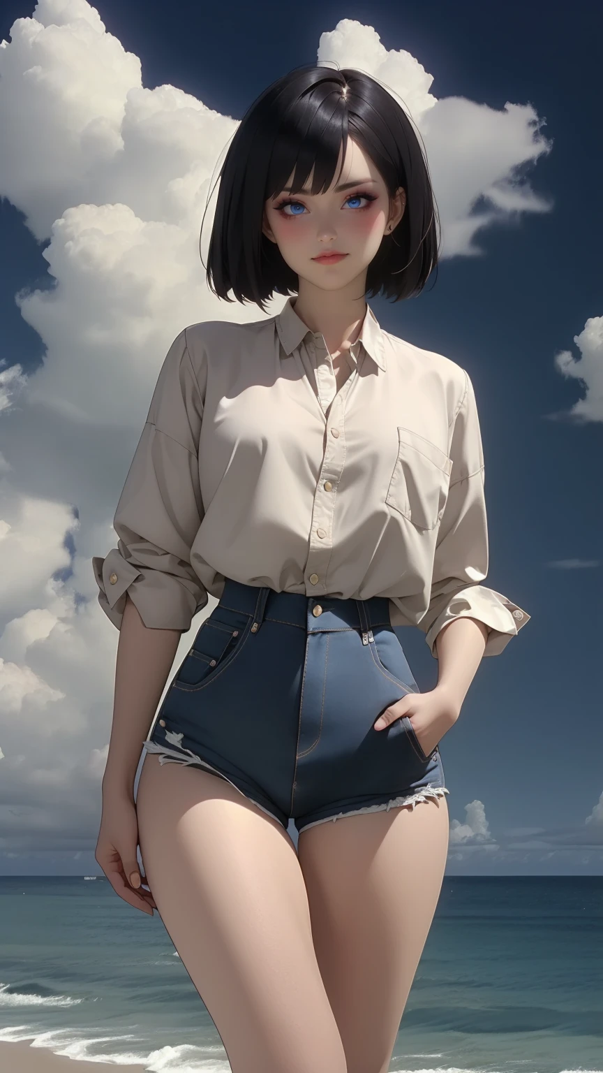 1girl, erotic, alluring, bob cut hair, shirt, short shorts, hands in pockets, (wide hips), (vintage:1.2), (masterpiece, best quality, hires, high resolution:1.2), ocean, clouds
