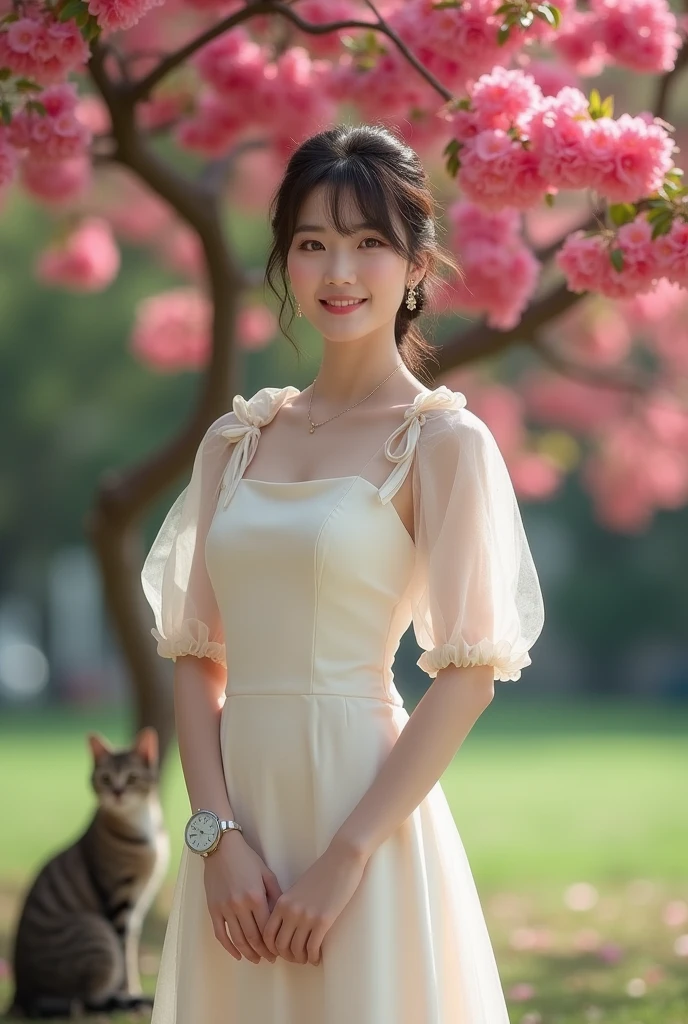 Beautiful Korean Women , smooth white skin, well-groomed face,Korean style updo with bangs,knee length dress, transparent short balloon sleeve,,left and right sleeves with butterfly motif ribbons,the color of the shirt is old, white shoes, luxury watch, smiled faintly, posing standing under a dark pink bougainvillea tree. in the city park,bersama kucing anggora berukuran sangat besar, bokeh background, Realistic original photo.