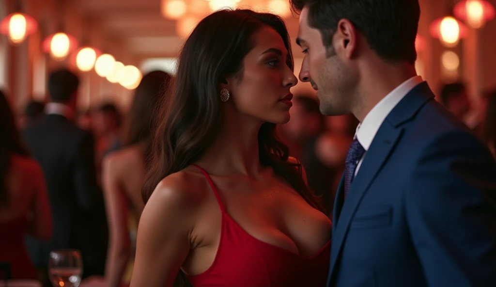 natural nipples, small tits, hairy, hot, wet, an 1 woman named Melissa Theuriau wearing a sexy red outfit with a man in a blue suit in a crowded restaurant, full body shown, high quality, 8k, photorealistic, detailed, hyper-detailed, cinematic lighting, dramatic lighting, vivid colors, elegant, sensual, erotic, nude, explicit, adult content, NSFW