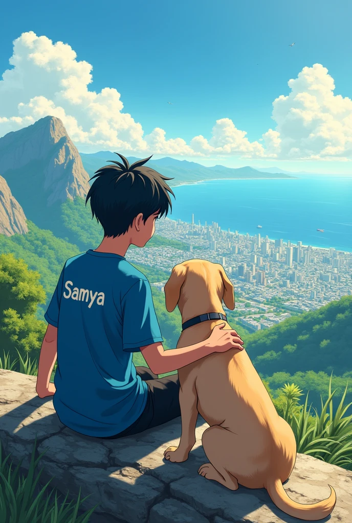 a teen Ager anime boy sit on mountain on the back of his blue shirt is written samya he see all the city and sea her hand on a labrador dog in a very summer day