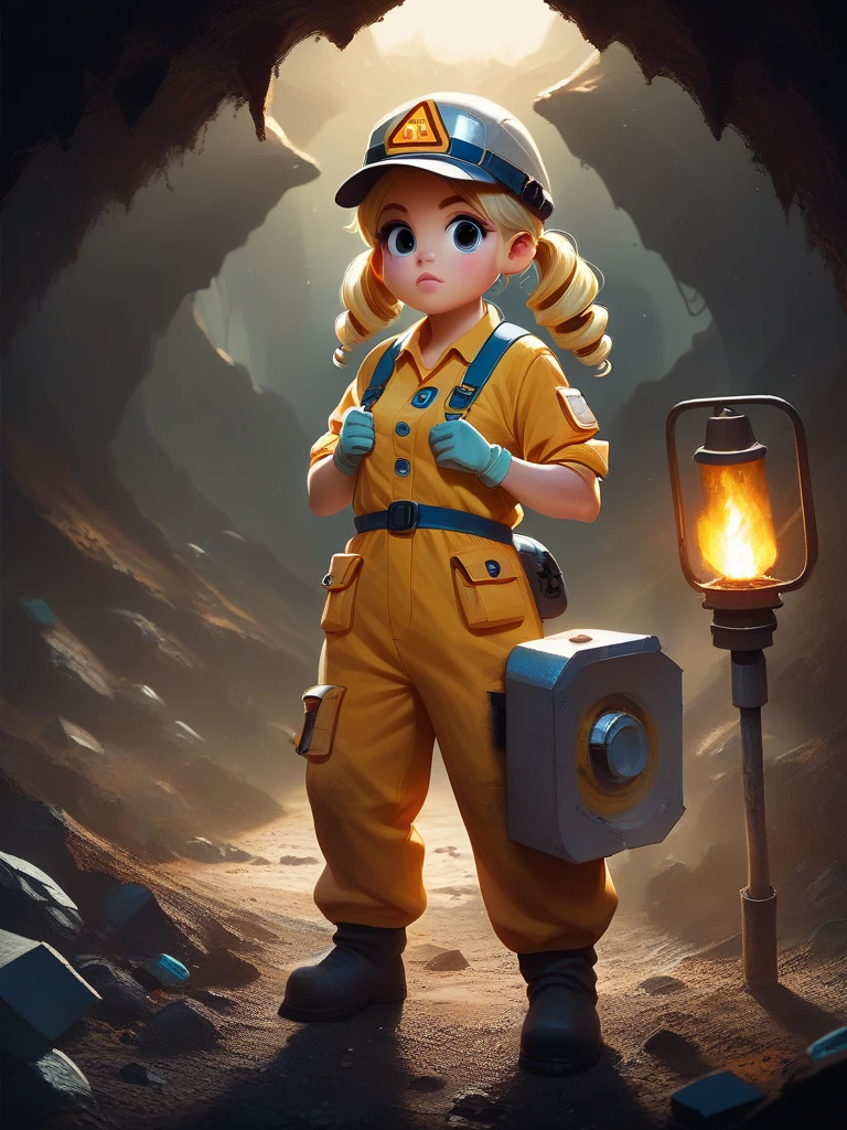 pny-safe solo 1 girl, torch , Blonde Drill Twin tails, Construction Worker Suit, Dust soil, Cave Mine, darkness, excavator
