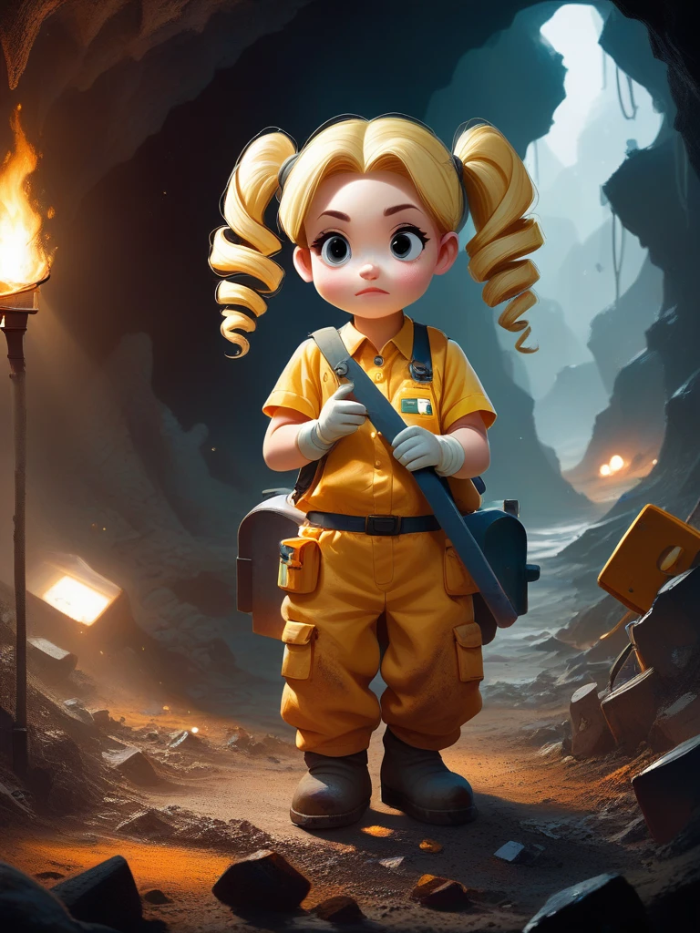 pny-safe solo 1 girl, torch , Blonde　Drill　Twin tails,  Construction Worker Suit, Dust soil, Cave Mine, darkness, excavator