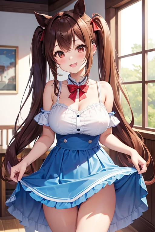 Daiwa Scarlet,Horse Girl,Brown Hair,Long twin tails,Slanted Eyes,Dazzling Smile,C cup size breasts,Thin thighs,A blue and white dress