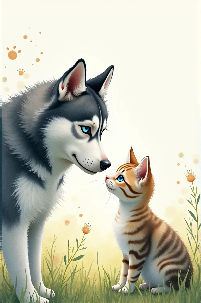 husky dog and cat draw watercolor 