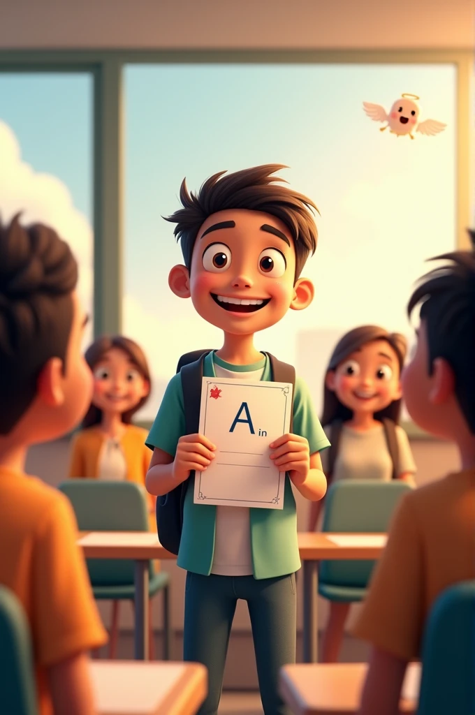 The next day, Juan receives his exam with great enthusiasm. "A" On top. He looks proud, already far away, His friends congratulate him. The little angel winks and disappears with a smile..