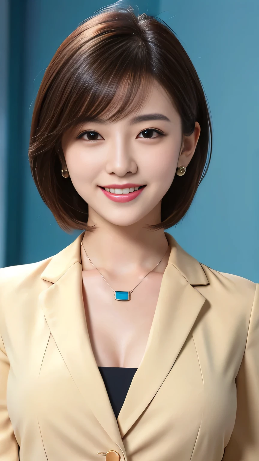 RAW Photos, High resolution, Very detailed, Intricate details, 、ear piercing、smile、short hair、Black Hair、Open your mouth a little、Clear beauty,(High quality fabric, Office Lady Suits 、Necklace around the neck、, The background is the office
