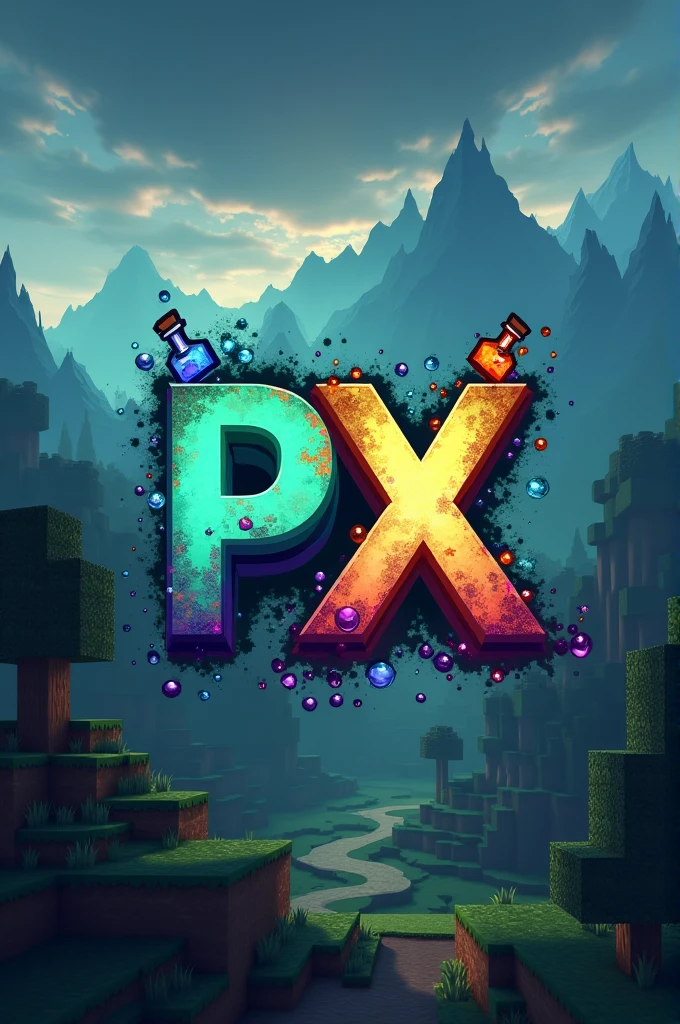 Create a Minecraft pvp potion themed logo containing the letters PX and create a Minecraft survival themed background and have the letters PX match the background