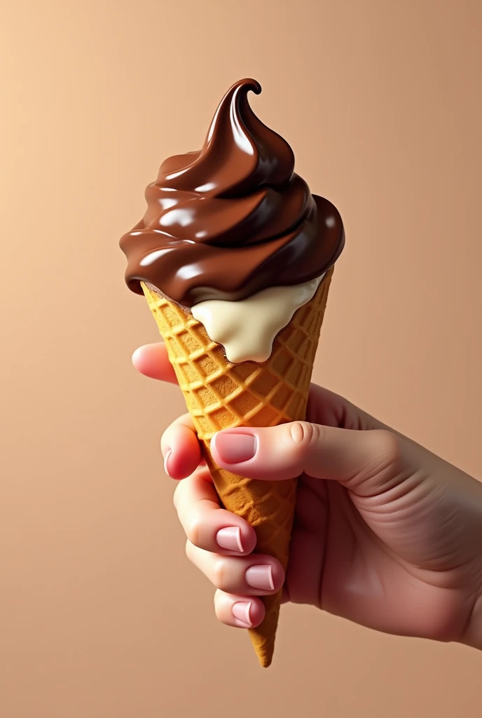 someone holding a chocolate dessert in their hand, waffle cone shaped like an ice cream cone, with a bite exposing the creamy filling, shiny and light 