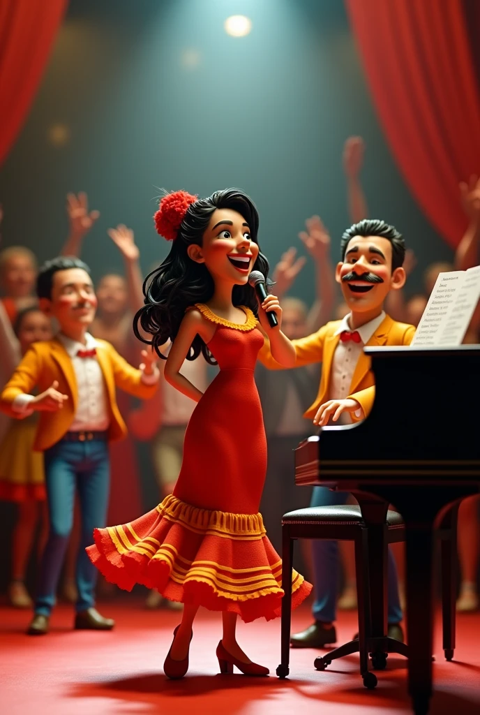 A Stop Motion A happy latina female with red lips, and red spanish dress holding a microphone and singing and dancing salsa, with a happy latino black male with a mustaches and paralysis, playing the piano, and a latina girl signing, and a salsa musical group in the background salsa concert