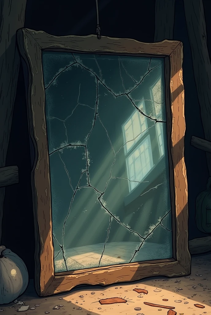 **Cracked Mirror**: A close-up of the old mirror, its glass cracked and covered in dust, reflecting the dim light from within the hut.in cartoon 