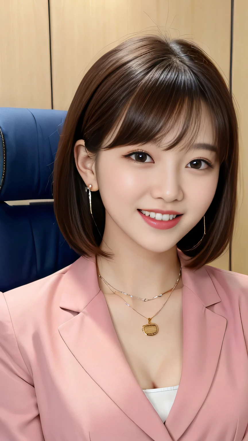 RAW Photos, High resolution, Very detailed, Intricate details, 、ear piercing、smile、short hair、Black Hair、Open your mouth a little、Clear beauty,(High quality fabric, Office Lady Suits 、Necklace around the neck、, The background is the office