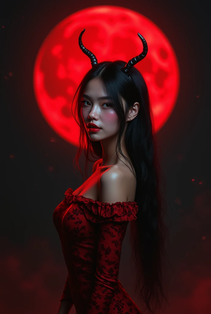 work of art, best quality image, high qualiy, beautiful girl, Brazilian, make-up, detailded, Swollen Eyes, detailded eyes, detailded skin, beautiful fur, ultra high resolution, (reality: 1.4), Very beauthful, Slightly older face, beautiful fur, 苗条, (ultra realistic), (illustration), (high resolution), (highly detailded), (best illustration), (beautifully detailded eyes), (super detailded), (wall-paper), (detailded face), looking ahead at viewer, fine-details, detailded face, pureerosfaceace_v1, smiling, looking straight ahead, looking straight ahead, waist up angle, photo realist, bright lighting, professional lighting, long hair, dark abandoned, big red moon, gorgeous red and black dress, mature woman, Kissshot Acerola Orion Heart Underblade, (8k)