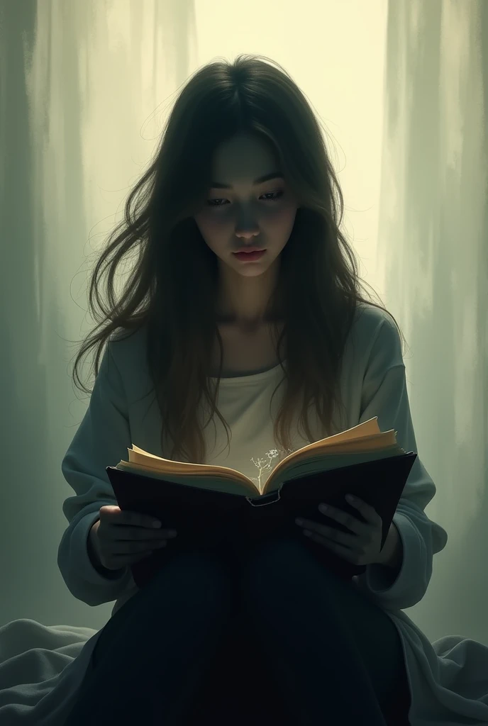 Silhouette of a girl with long hair sitting and reading a book