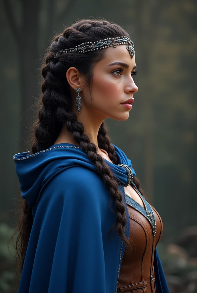 A princess standing tall in profile, her head held high, with her long, wavy hair cascading down her back, woven with small braids that represent her heritage. Her eyes are sharp and focused, her brows slightly furrowed as if contemplating the weight of her responsibilities. Her attire is a blend of elegance and practicality—a finely crafted leather tunic with silver accents, overlaid with a royal blue cloak that drapes gracefully over her shoulders. She wears a simple yet elegant silver circlet that signifies her royal status, and a pendant of the Heart of Eternity hangs around her neck, glowing faintly with a soft, ethereal light.
