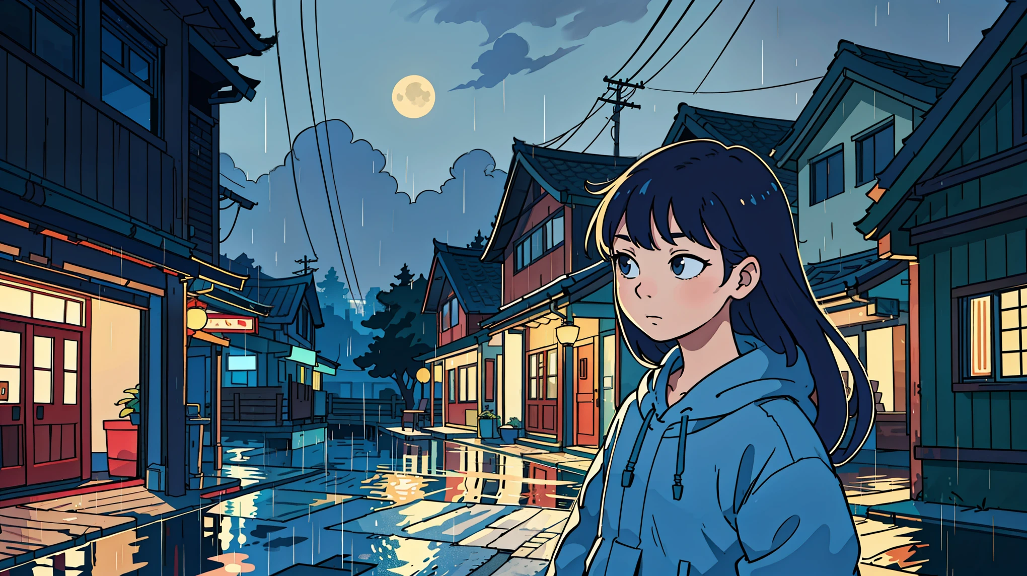 asian views, asian building, looks so wonderful, rainy, starynight,Luna, night and rain, the landscape passing by, Elogio Artstyle, Arte Lofi, lofi aesthetic, Lofi Sensation, Hip Hop Lofi,  , Retrato Lofi, lo fi, arte lo-fi, vibe, badass vibes , cores , lofi girl aesthetic, highquality art, 4K, longhair, sexy girl, lofi