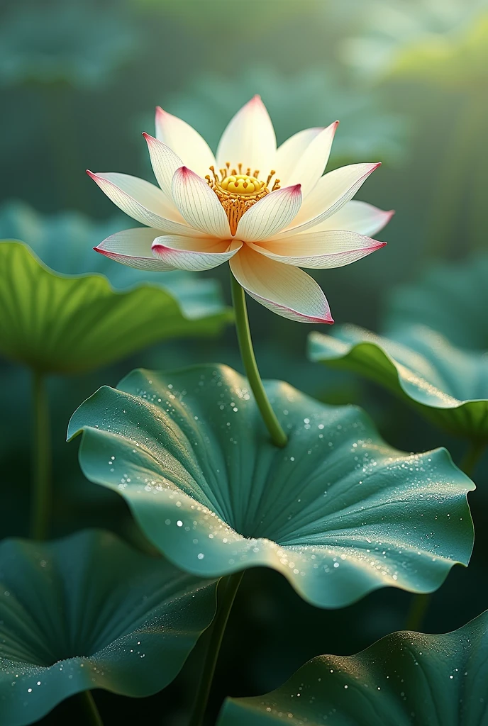 lotus leaves,Long stem,The lotus is made of jelly,There are many shiny polka dots on the fresh leaves.