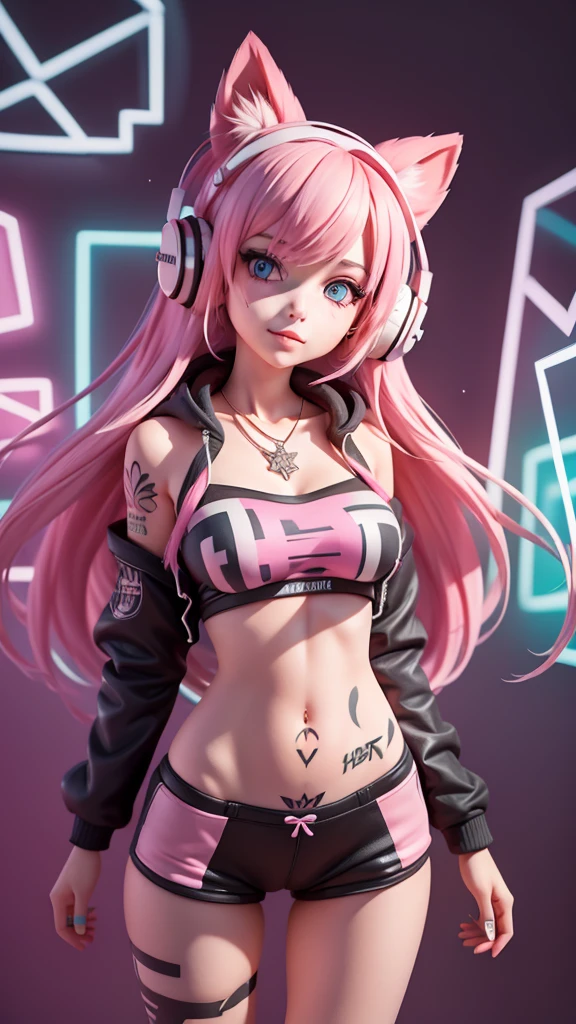 ((first work)), ((Better Quality)), ((Ultera - Details)),(alone),(whole body: 1.35),(Long Shot,Full Shot,(Dynamic English),album,(error), (One girl: 1.3), Pink Hair, Long Hair, (alone: 1.2),,(Detailed and beautiful face: 1.2),(++++(Detailed and complex eyes)////),Center of chest,[[[logic]]],,(paint),((Disheveled Hair),Colored Hair,Striped Hair), ,paste,((holding gift)), night,(Neon Light),A light smile,Watching the audience, Poor handwriting, ((Graffiti Background)), (Dim Price), (Complex and messy fluorescent street graffiti (wall: 1.2)),, hoodie, one piece,Deepening the contours, comics, Double exposure, (chromatic aberration), Light leakage, Noise and particles, Color Deterioration, design, Until then, Until then abstrata, geometry, Clear lines, square, bright, Limited edition palette,tattoo,tattoo,tattoo,,headphone,Necklace Chain,,