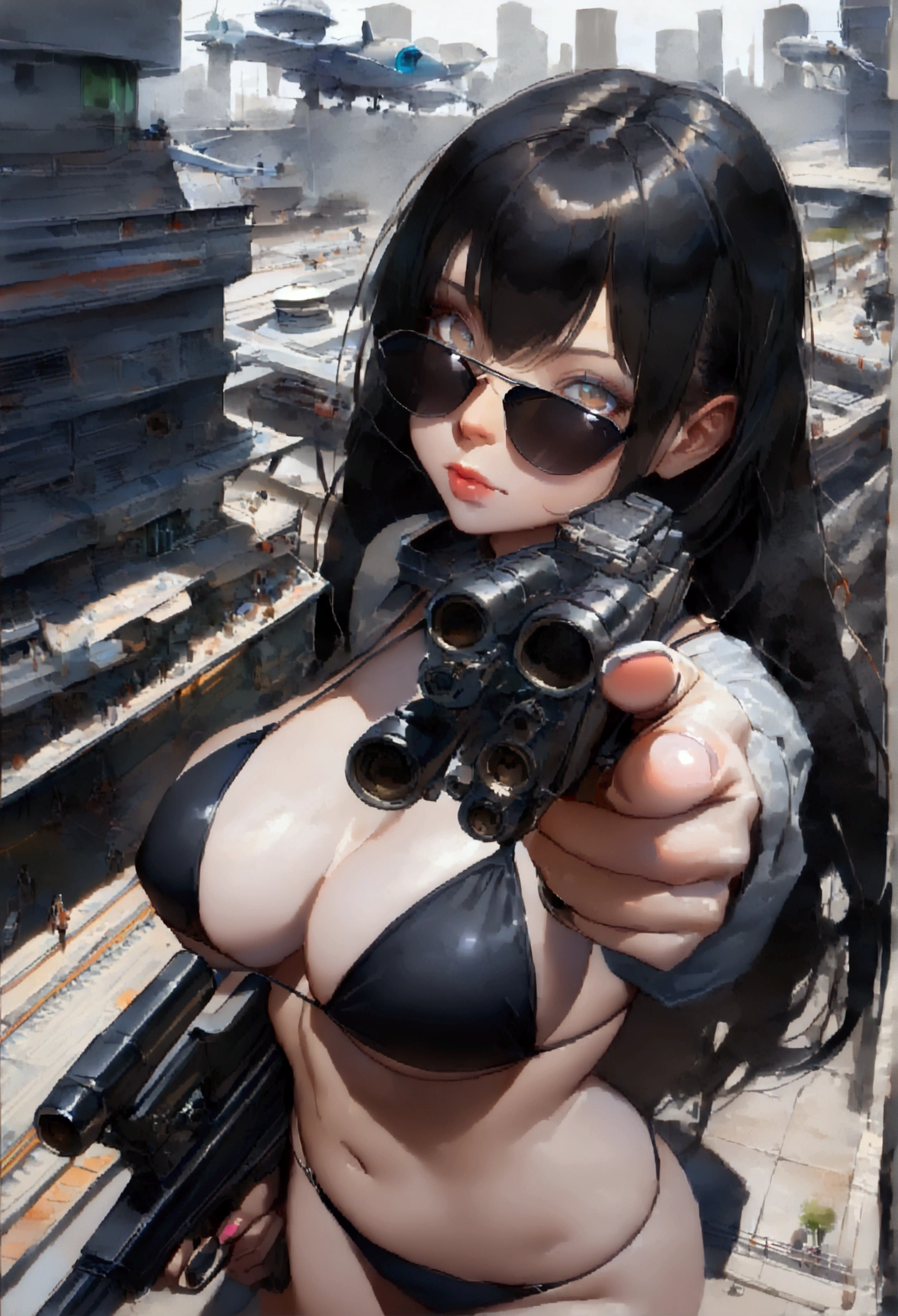(((a big breasted slim girl bikini with black (micro) Sunglasses))), (((((pointing a gun at the viewer))))), a balcony of a futuristic building, Aerial view of an ultra-futuristic megalopolis, Metal buildings and houses in dark colors, from dark blue to black., shades of metallic grey, smoked metal structures, Industrial environment with smoke and fog around., futuristic cars on the streets, desert megalopolis, Modern metal rails and passing trains., tall futuristic metal buildings, ultra modern buildings, (((((futuristic aircraft carrier))))), realist, detailed, Science fiction.