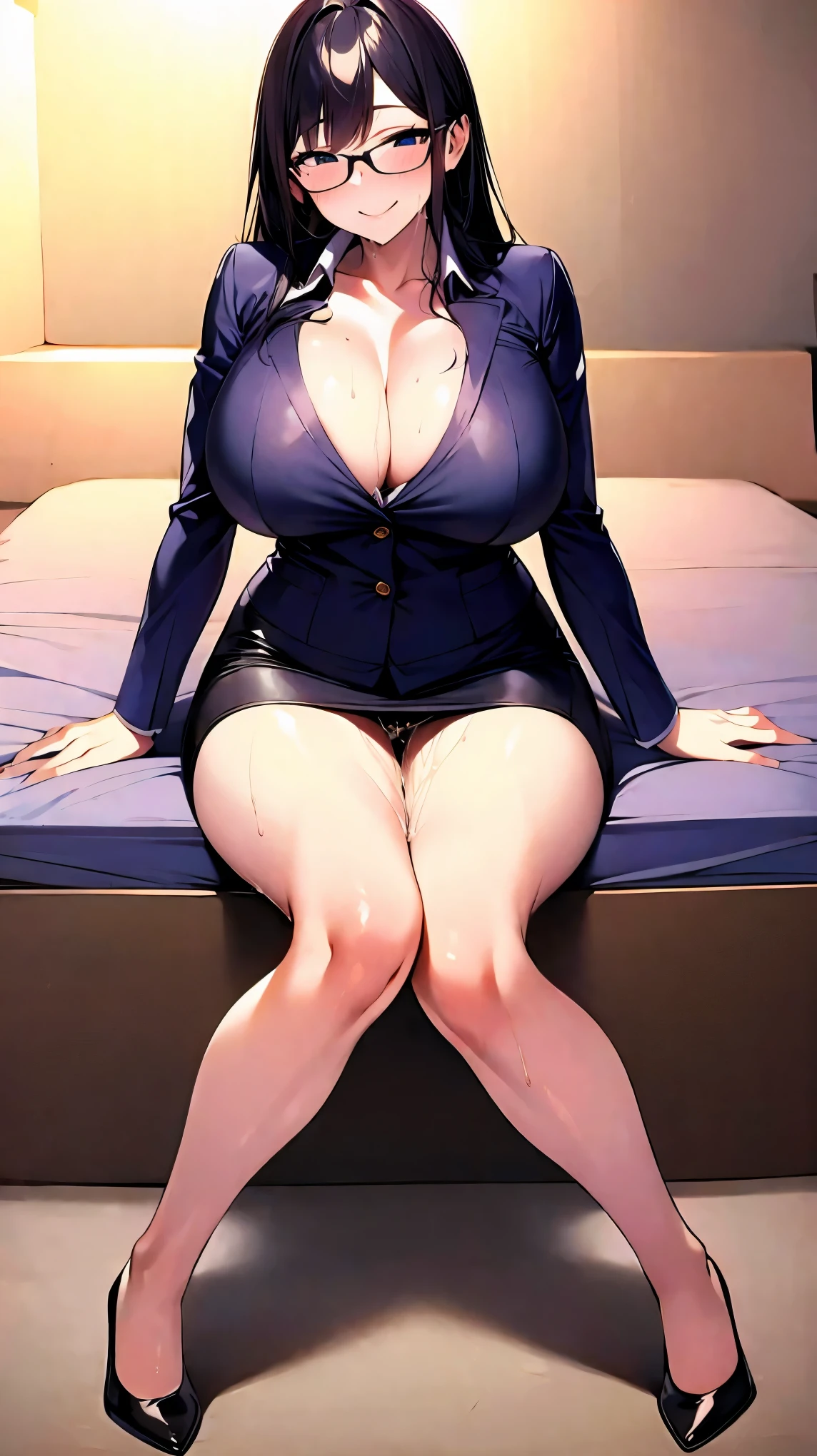((super high quality,))((Ultra-high resolution,))(16K,)(super masterpiece,)((Ultra HD ,))(Detailed shading,)Full body photo,Three sexy mothers,Sit side by side on the bed,Office Lady,((popped Tight collar White shirts,))Unbutton the third button,Black tight skirt,Glasses,blush,Ahegao,smile,Sweaty,Love juice running down her thighs,