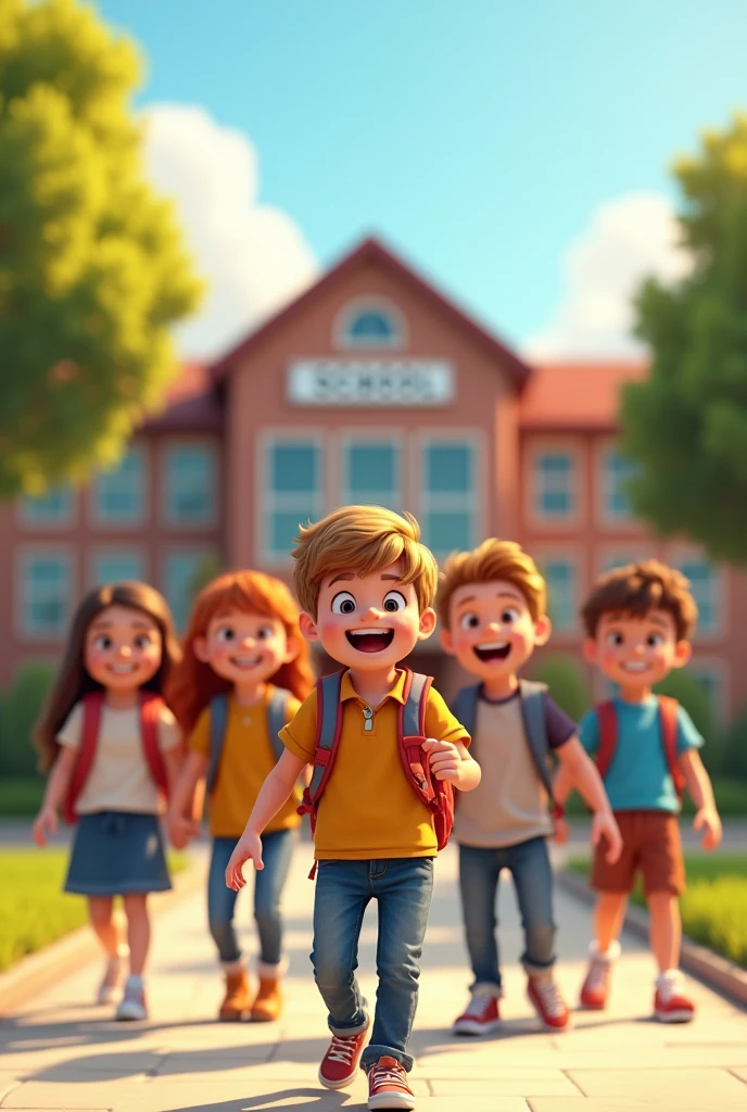 A boy with his friends happily entering school