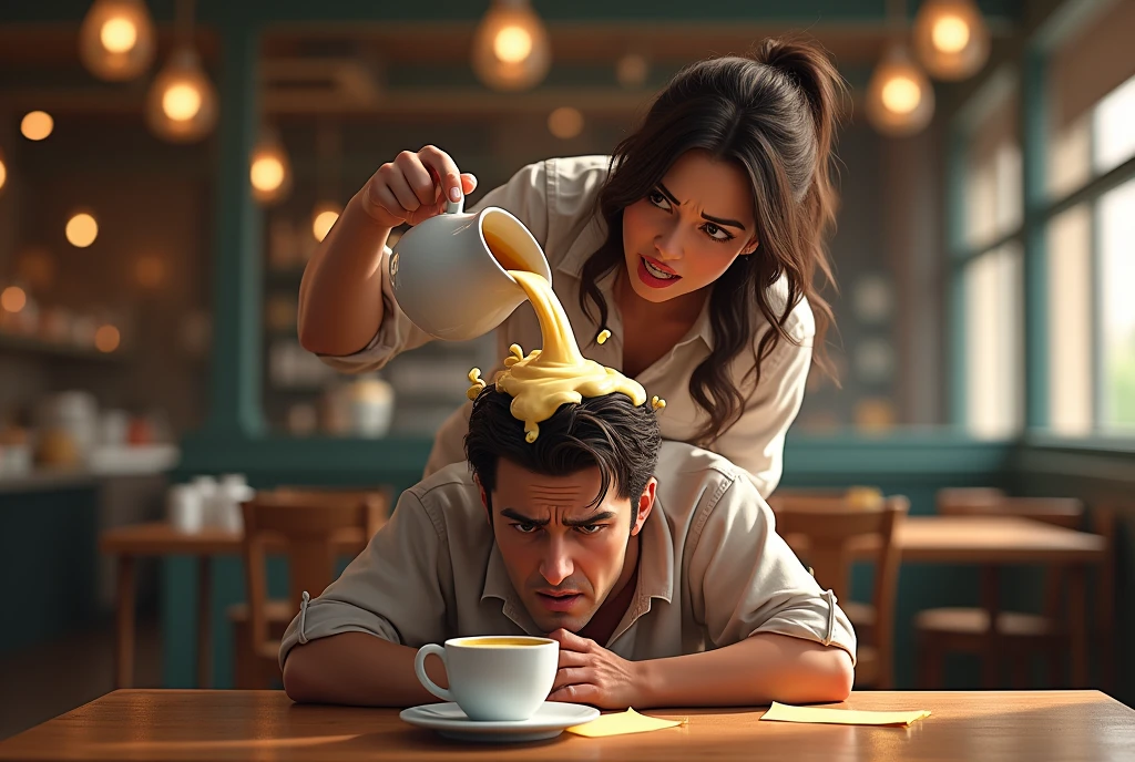 Liquid splashing from a ceramic cup、Inside the cafe、A woman stands up and pours a lot of cafe au lait on a man's head.、Woman with an angry face、Crying man、shouts at the man sitting、Depth of written boundary、