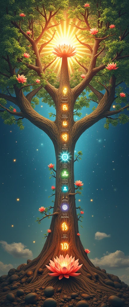 Create a 1080 pixel image with the following elements:

1. At the top of the image, an aura of glory surrounding the 72 divine names, shining and radiating light.
2. down, an imposing Tree of Life, with the trunk displaying the 10 Sefirot in an artistic and clear way.
3. At the base of the Tree of Life, portray Krishna and Radha as lovers, in a pose of adoration and harmony, com Shiva, Parvati e Ganesha ao lado deles, representing union and protection.
4. Include Brahma and Saraswati near the tree, emanating wisdom and creativity.
5. At the top of the Tree of Life, a splendid lotus flower, symbolizing purity and enlightenment.
6. Add a Sacred Krishna Tree bag next to the tree, representing energy and sacredness.
7. The scene should be enveloped in a mystical and heavenly atmosphere, with intricate details that highlight the importance and spiritual beauty of the elements.