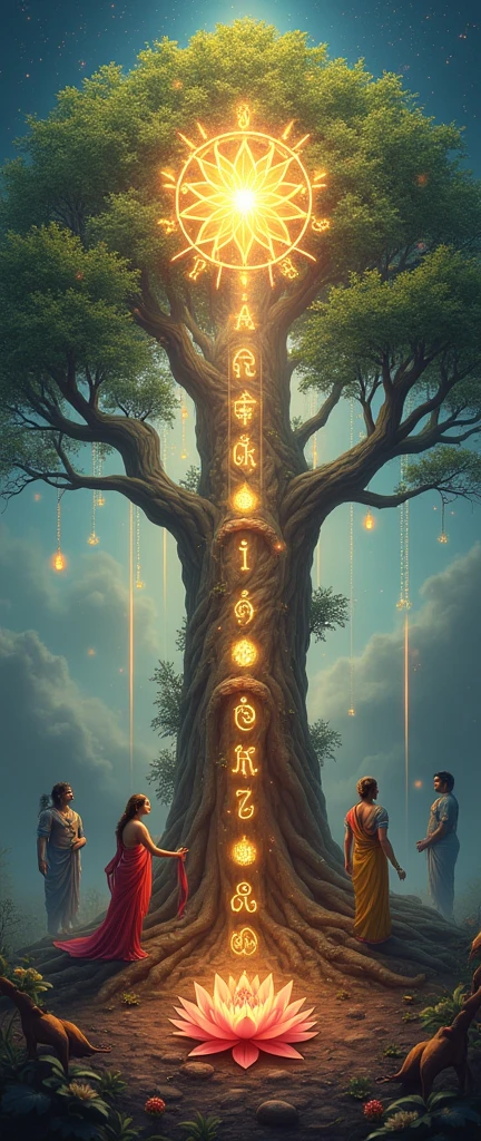 Create a 1080 pixel image with the following elements:

1. At the top of the image, an aura of glory surrounding the 72 divine names, shining and radiating light.
2. down, an imposing Tree of Life, with the trunk displaying the 10 Sefirot in an artistic and clear way.
3. At the base of the Tree of Life, portray Krishna and Radha as lovers, in a pose of adoration and harmony, com Shiva, Parvati e Ganesha ao lado deles, representing union and protection.
4. Include Brahma and Saraswati near the tree, emanating wisdom and creativity.
5. At the top of the Tree of Life, a splendid lotus flower, symbolizing purity and enlightenment.
6. Add a Sacred Krishna Tree bag next to the tree, representing energy and sacredness.
7. The scene should be enveloped in a mystical and heavenly atmosphere, with intricate details that highlight the importance and spiritual beauty of the elements.