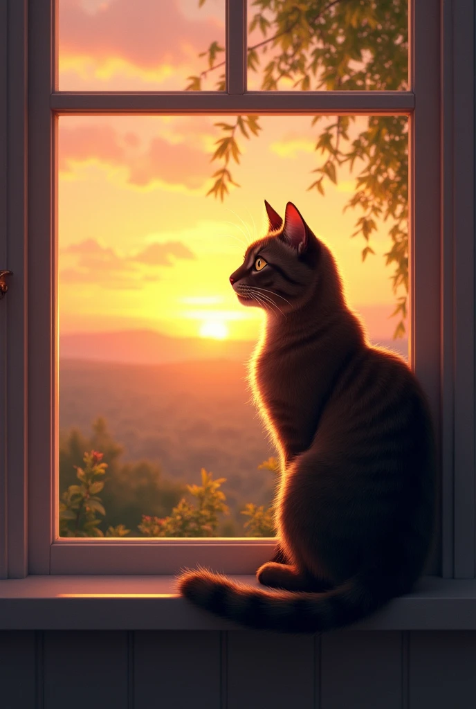 The Realization
The final scene shows the cat, sitting on a windowsill, staring out at the world with a sense of peace and understanding. It has realized that despite the pain and suffering it endured, there is still love and kindness in the world. The background is serene, with a beautiful sunset, symbolizing the end of its painful journey and the beginning of a new, hopeful chapter.