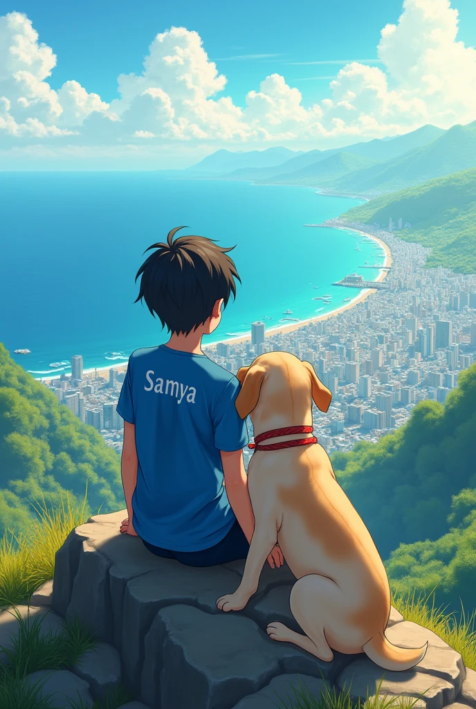 a teen Ager anime boy sit on mountain on the back of his blue shirt is written samya he see all the city and sea her hand on a labrador dog in a very summer day