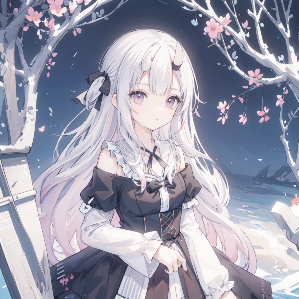(masterpiece:1.2), (best quality:1.2), Perfect eyes, Perfect face, Perfect lighting, 1 Girl, Mature goth girl standing with hands in front of her, Long hair, Complex hairstyle, cosmetic, Dark lips, Thick eyelashes, sad, Melancholy, Wearing Gothic Clothing, Black and white dress, Ruffles, Ribbon, Puff sleeves, Bare shoulders, Lace necklace, Jewelry, peaceful, Quiet, chill, Detailed outdoor background, Beautiful scenery, fantasy, summer, Sunlight, Sunburn, Flowers, Trees