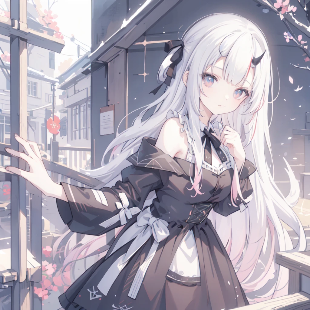 (masterpiece:1.2), (best quality:1.2), Perfect eyes, Perfect face, Perfect lighting, 1 Girl, Mature goth girl standing with hands in front of her, Long hair, Complex hairstyle, cosmetic, Dark lips, Thick eyelashes, sad, Melancholy, Wearing Gothic Clothing, Black and white dress, Ruffles, Ribbon, Puff sleeves, Bare shoulders, Lace necklace, Jewelry, peaceful, Quiet, chill, Detailed outdoor background, Beautiful scenery, fantasy, summer, Sunlight, Sunburn, Flowers, Trees  