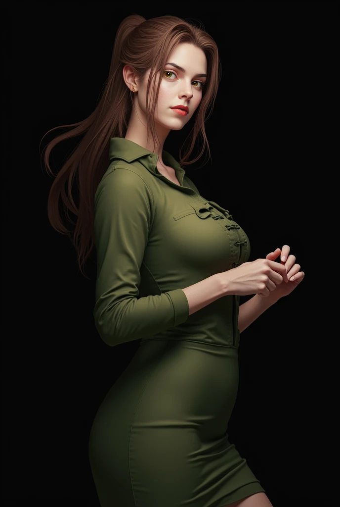 (((Perfect figure,figure,odelschwanck,green clothes,(((In the, long hair, facial mark, hair between eyes, skull,skirt,yellow eyes))),S-shaped figure:1.7))),((masterpiece)),high resolution, ((Best quality at best)),masterpiece,quality,Best quality,((( Exquisite facial features,looking at the audience,There is light in the eyes,Happy,nterlacing of light and shadow,huge boobs))),(((looking into camera,black background,bend over)))