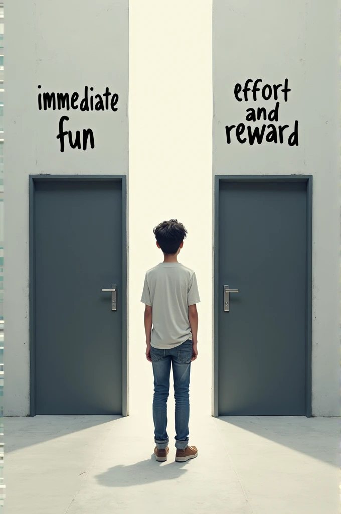 a teenager, Juan, is in front of two doors. A door is marked with a sign that says
"Immediate fun" and the other says
"Effort and reward".