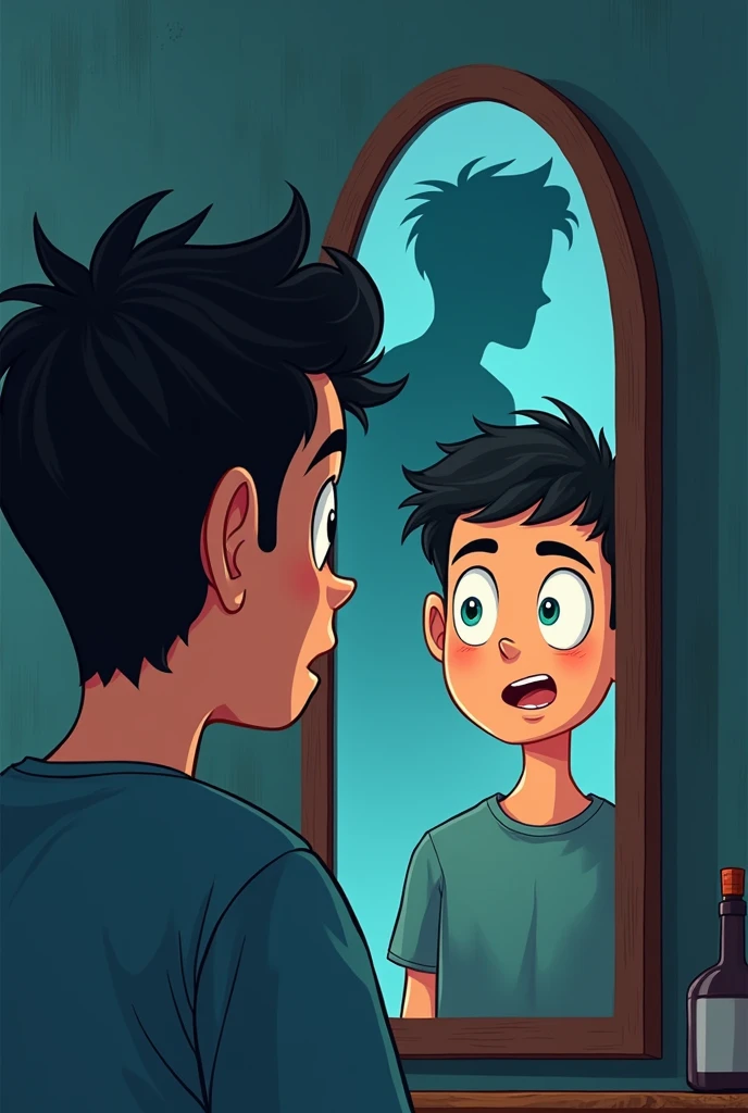 . **Strange Shadow**: A mysterious shadow moving behind the young man as he looks into the mirror, causing a sense of unease.in cartoon