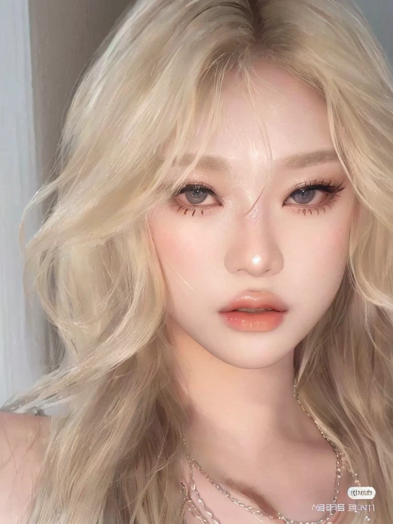 A close-up of a woman with long blonde hair and a necklace, roseanne park by blackpink, South Korean popular makeup, popular korean makeup, cl, blonde hair and big eyes, japanese gyaru portrait, ulzzang, Portrait of Jossi from Blackpink, Sexy face with full makeup, heonhwa choe, Ava Max, long blonde hair and big eyes, Aespa shine, Aespa Karina , aespa